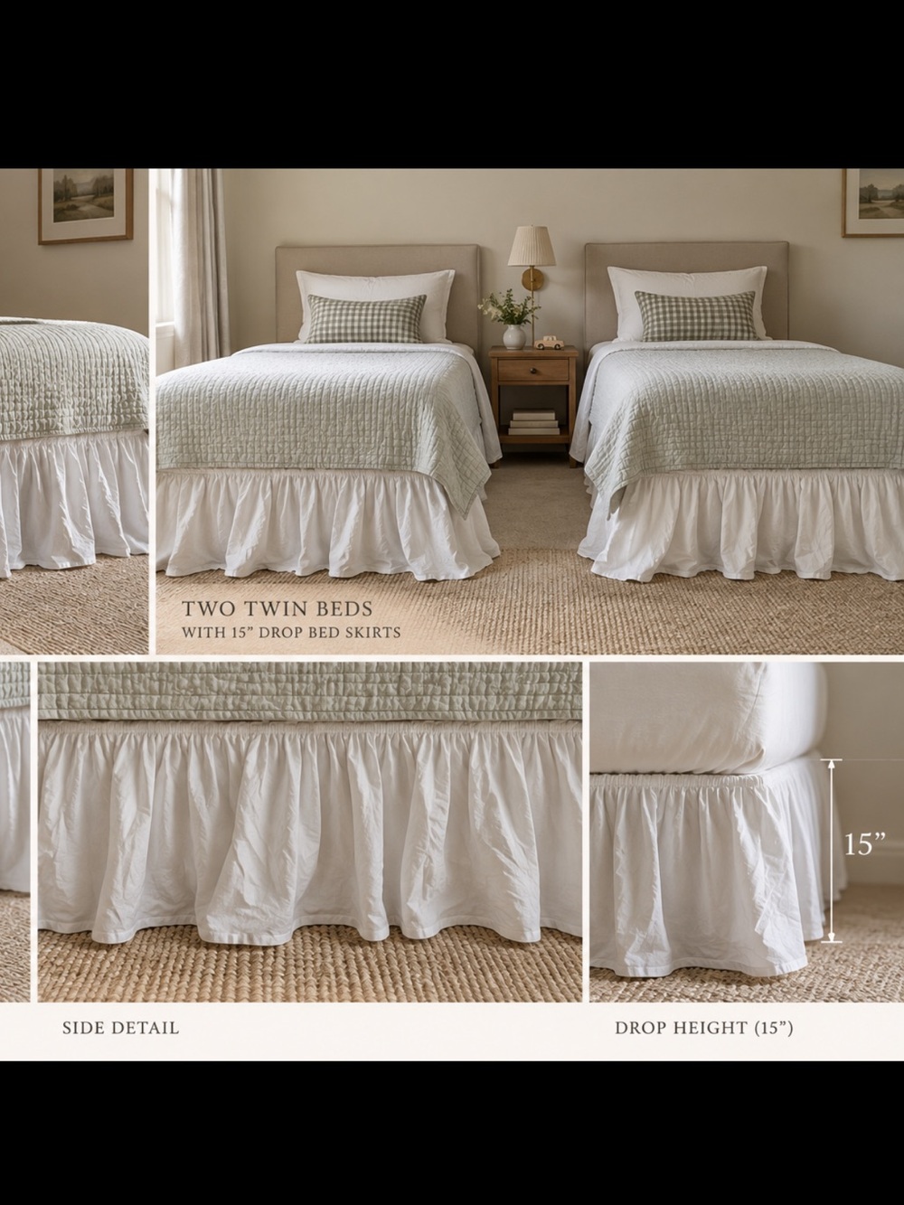 2 White Twin Cotton Ruffled Bed Skirts 15” Drop